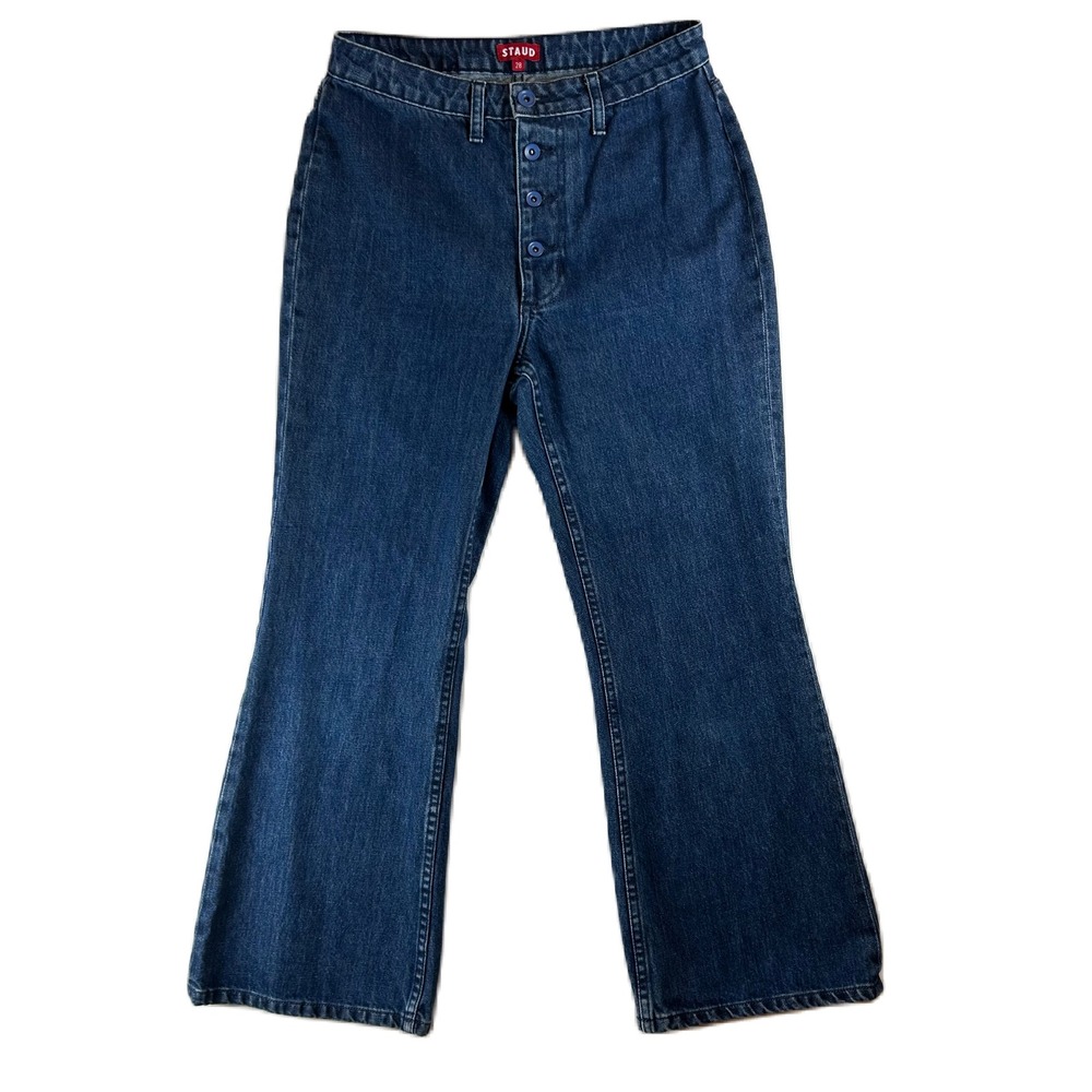 Staud Womens High Rise Wide Leg Flare Jeans Blue Button Fly Size 28 STAUD01